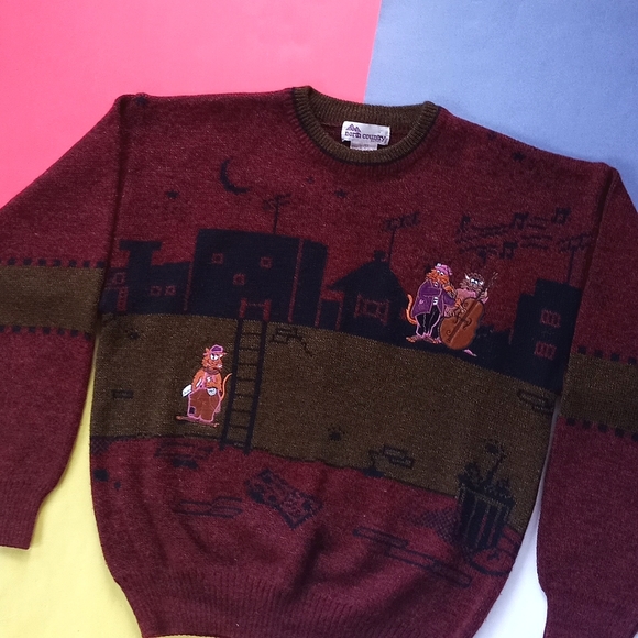 Vintage 1980s Night Jazz Cats Embroidered Cityscape North Country Eaton Crewneck